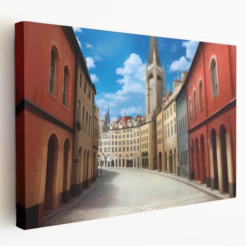 Stretched canvas wall art showcasing a vibrant street landscape with intricate designs, perfect for modern home decor. Ideal for art enthusiasts seeking unique interiors.