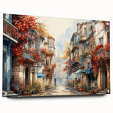 Acrylic glass wall art showcasing a vibrant streetscape design with various colors, displayed in a side view, highlighting its modern aesthetic and unique pin attachments. Perfect for contemporary home decor enthusiasts seeking striking artwork.