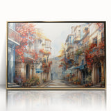 Framed wall art featuring a vibrant landscape design in gold tones, showcasing intricate street scenes and modern aesthetics, perfect for home decor.