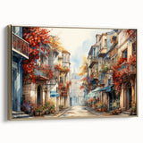 Framed canvas wall art showcasing a vibrant street landscape design in gold tones, elegantly displayed from the side, perfect for modern home decor.