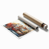 Abstract cityscape wall art print showcasing vibrant colors and intricate details, rolled and ready for display, perfect for modern home decor enthusiasts.