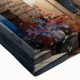 Close-up of a vibrant stretched canvas wall art piece showcasing an abstract landscape design, featuring bold colors and intricate details, ideal for modern home decor.