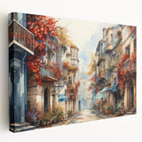 Stretched canvas wall art showcasing a vibrant urban landscape design with bold colors and intricate details, perfect for modern home decor. The piece emphasizes street scenes and artistic elements that enhance contemporary living spaces.