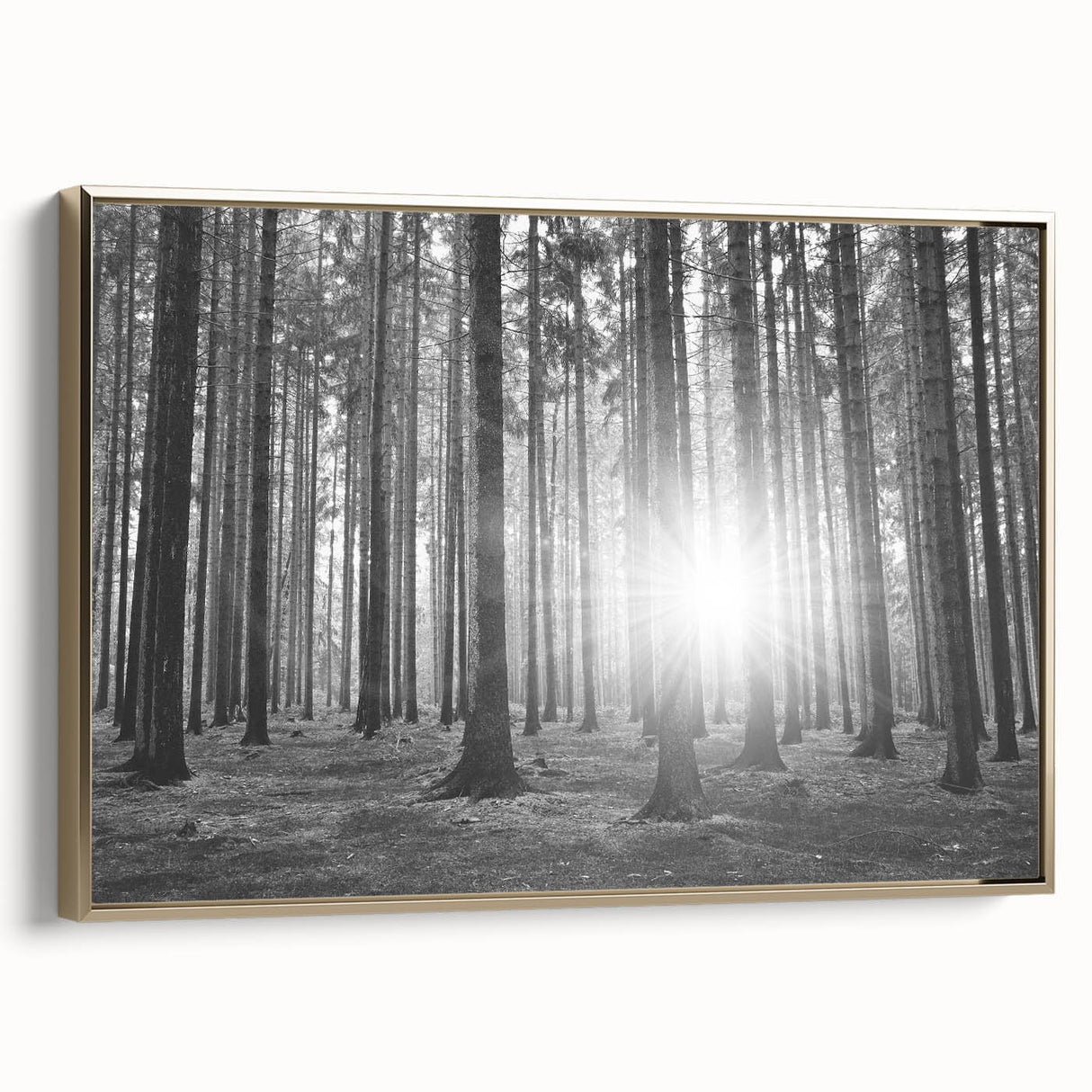 Framed canvas wall art depicting an abstract landscape design with trees, featuring gold accents and a modern aesthetic, ideal for contemporary home decor.