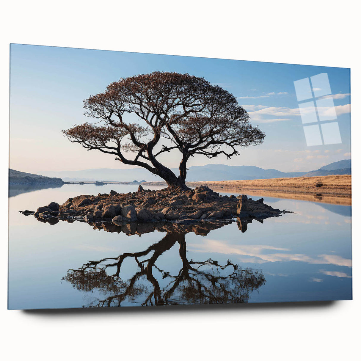Acrylic glass wall art showcasing a vibrant landscape design with trees, displayed in a side view without pins, perfect for modern home decor. The artwork features rich colors and intricate details, ideal for enhancing any living space or office.