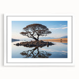 Framed wall art featuring a serene landscape with trees, showcasing a white mat and sleek frame, perfect for home decor and nature lovers.