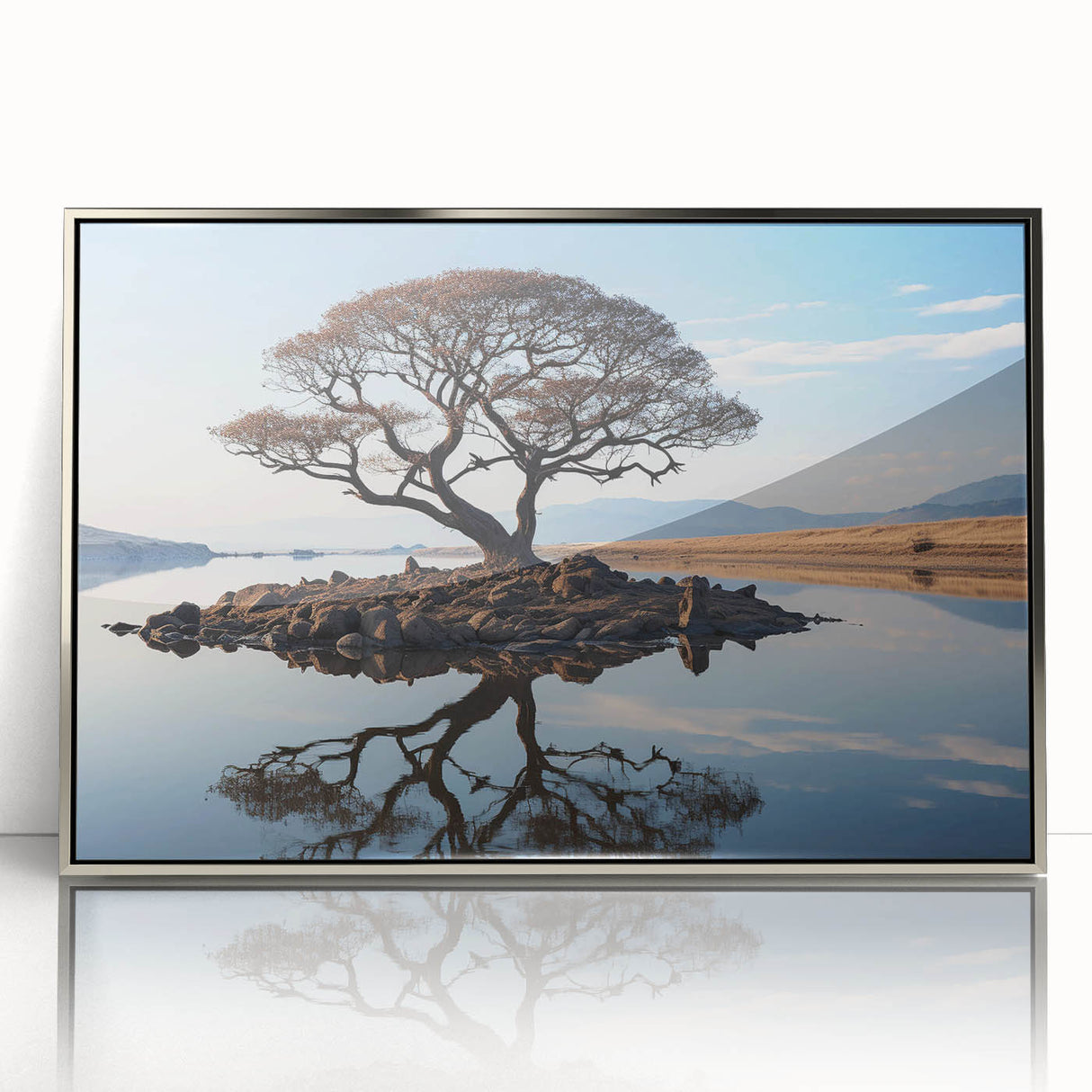 Framed wall art showcasing a contemporary landscape design with trees, set in a sleek silver frame, ideal for modern home decor accents. The vibrant colors enhance any interior space, making it a stylish focal point.