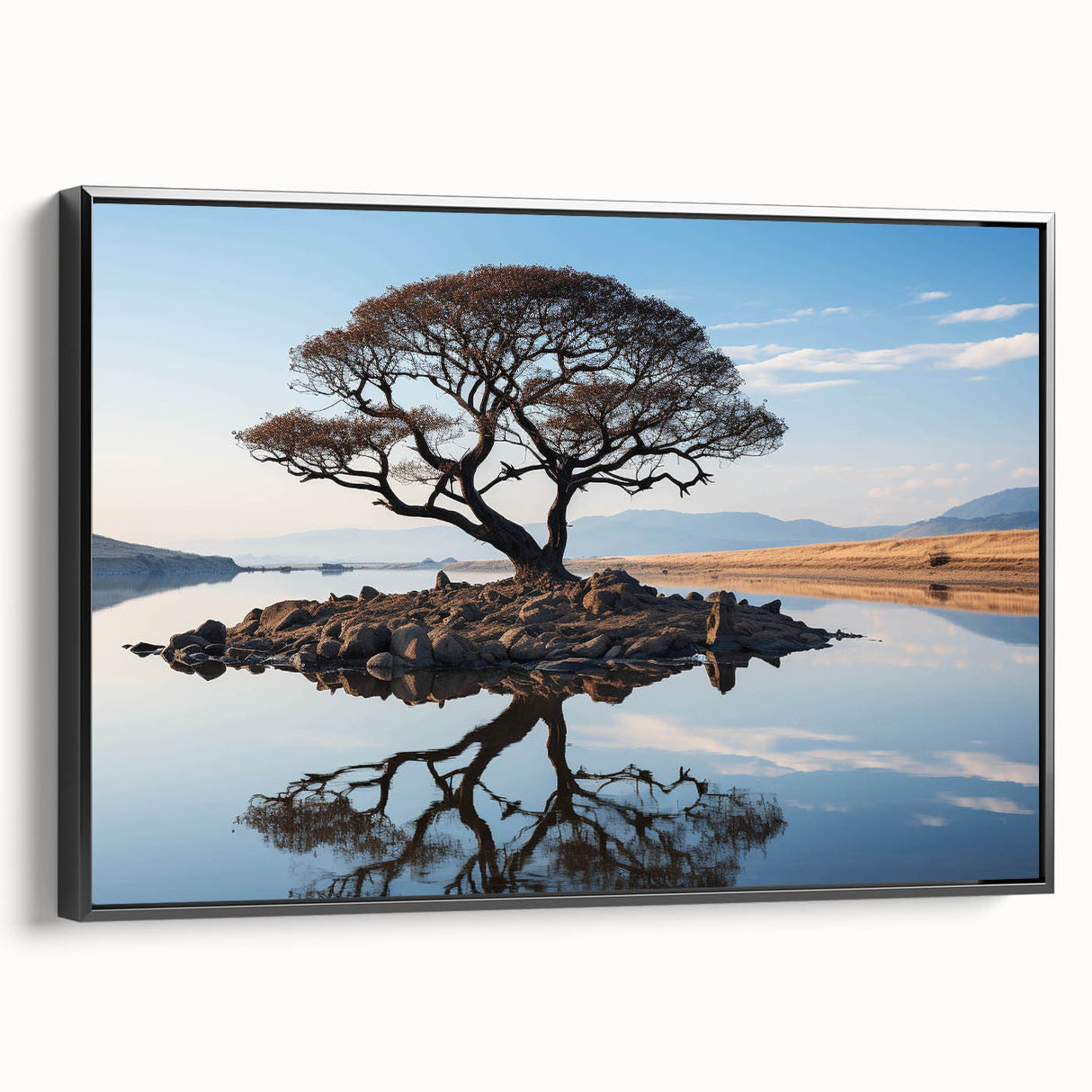 Framed canvas wall art showcasing a vibrant landscape with lush trees, set against a black frame, perfect for modern home decor. Ideal for nature enthusiasts.