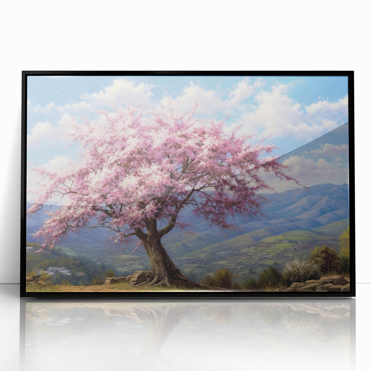 Framed wall art collection showcasing a vibrant landscape design with trees, featuring a sleek black frame and acrylic front, ideal for modern home decor.
