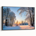 Framed canvas wall art showcasing a serene landscape with lush green trees, designed for modern decor, featuring a sleek black frame and side view display.
