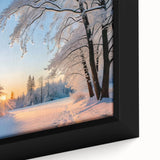 Framed canvas artwork showcasing a detailed close-up of a serene landscape with lush green trees and vibrant foliage, ideal for home decor or art enthusiasts.