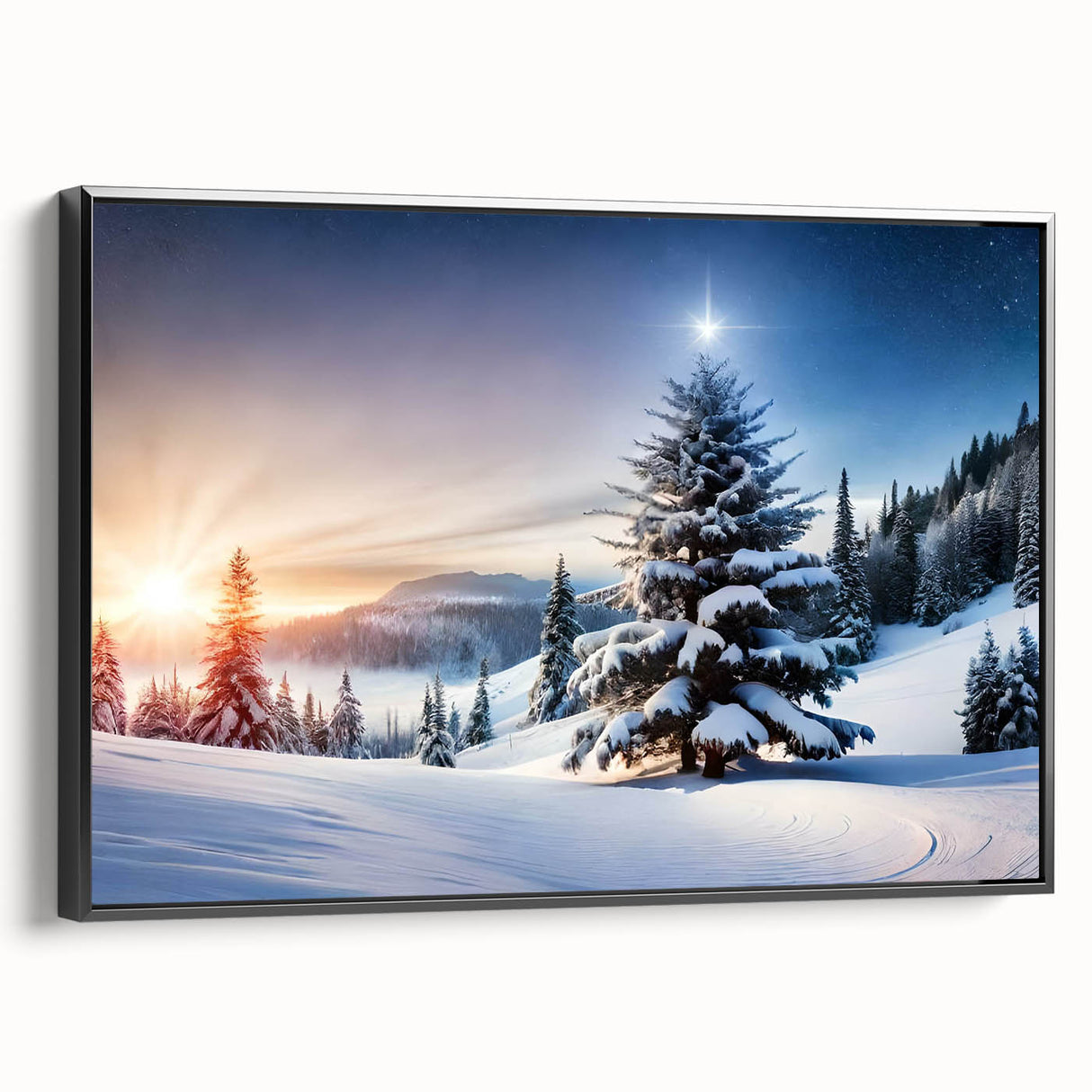 Framed canvas wall art showcasing a serene landscape with trees, presented in a sleek black frame, ideal for enhancing modern home decor.