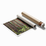 Vibrant rolled print of a landscape featuring lush green trees and a serene natural setting, showcasing intricate details, perfect for home decor.