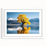 Framed wall art featuring a serene landscape design with trees, set in a white mat and frame, perfect for adding a touch of nature to home decor.