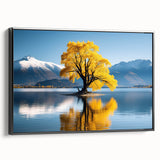 Framed canvas wall art featuring a serene landscape with vibrant green trees, displayed in a sleek black frame, ideal for home decor and nature enthusiasts.