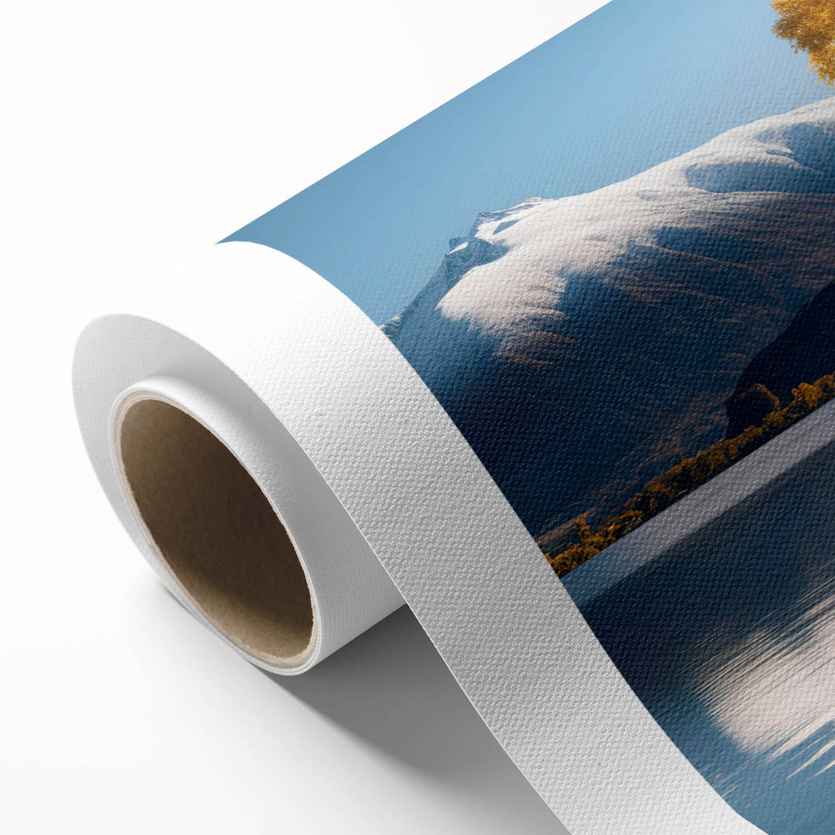 Vibrant rolled canvas wall art showcasing a serene landscape with lush green trees and a tranquil blue sky, ideal for home decor enhancement.