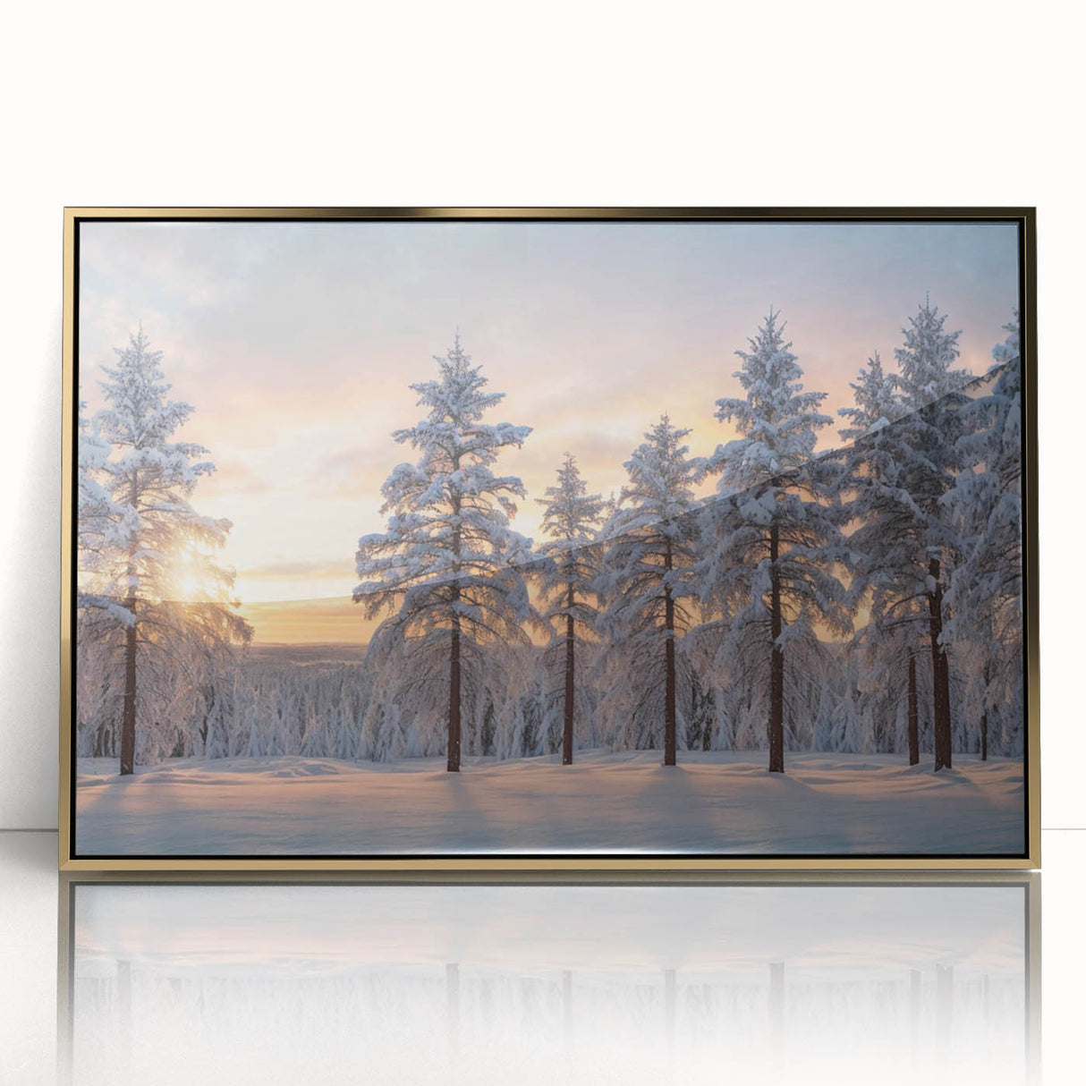 Framed acrylic wall art featuring a vibrant landscape design with lush green trees and golden accents, perfect for adding a touch of elegance to home decor.