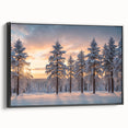 Framed canvas wall art showcasing a serene landscape design featuring tall trees and lush greenery, with a sleek black frame, perfect for modern decor.