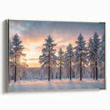 Framed canvas wall art showcasing a serene landscape of trees, featuring silver accents and a sleek profile, perfect for modern home decor.