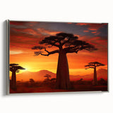 Framed canvas wall art featuring a serene landscape with trees, showcasing vibrant green foliage and a silver frame, perfect for modern home decor.
