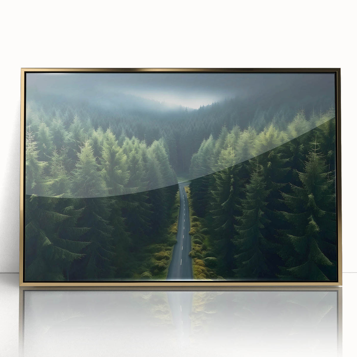 Framed acrylic wall art featuring a contemporary landscape design with trees, set in a gold frame. Perfect for modern home decor, enhancing any living space.