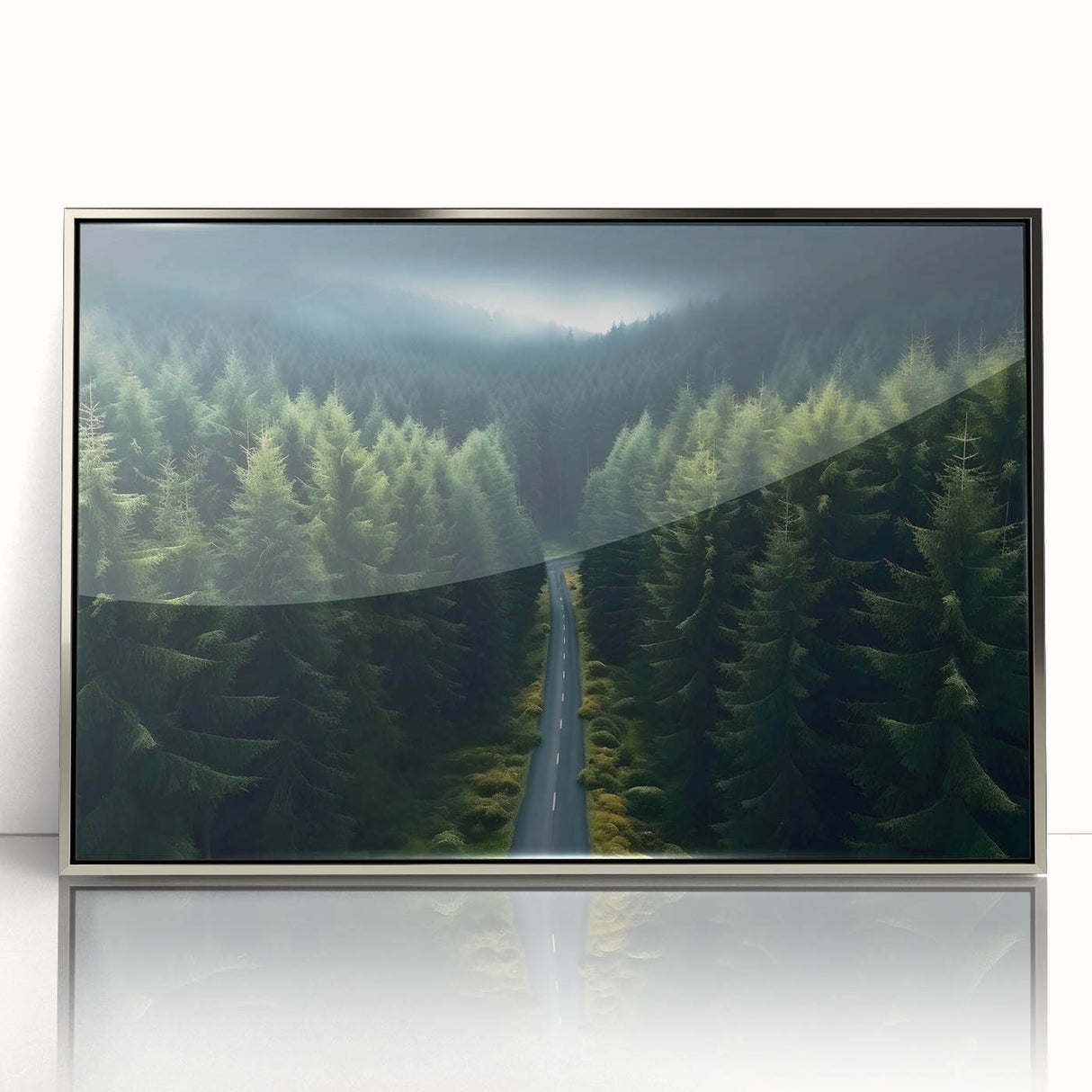 Framed wall art featuring a modern landscape design with vibrant green trees and a silver-accented frame, perfect for adding elegance to any room decor.