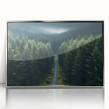 Framed wall art featuring a modern landscape design with vibrant green trees and a silver-accented frame, perfect for adding elegance to any room decor.