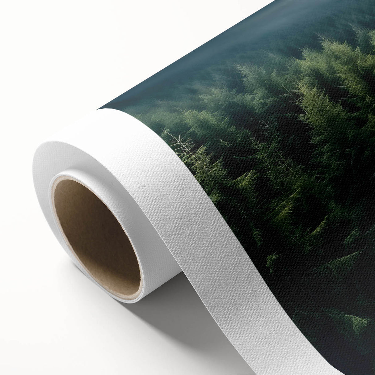 Vibrant rolled canvas showcasing a stunning landscape design featuring lush green trees and a serene blue sky, ideal for enhancing home decor and creating a calming atmosphere.
