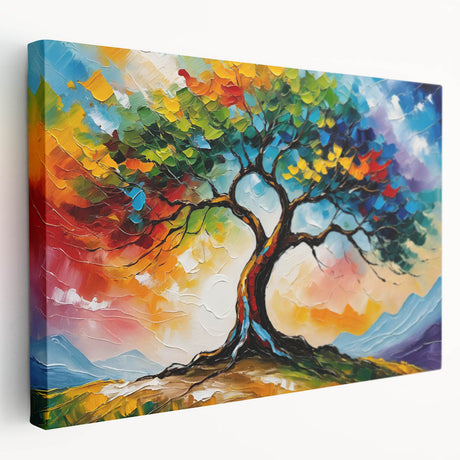 Stretched canvas wall art featuring a serene landscape with lush green trees and a vibrant blue sky, designed to enhance home decor and evoke tranquility.