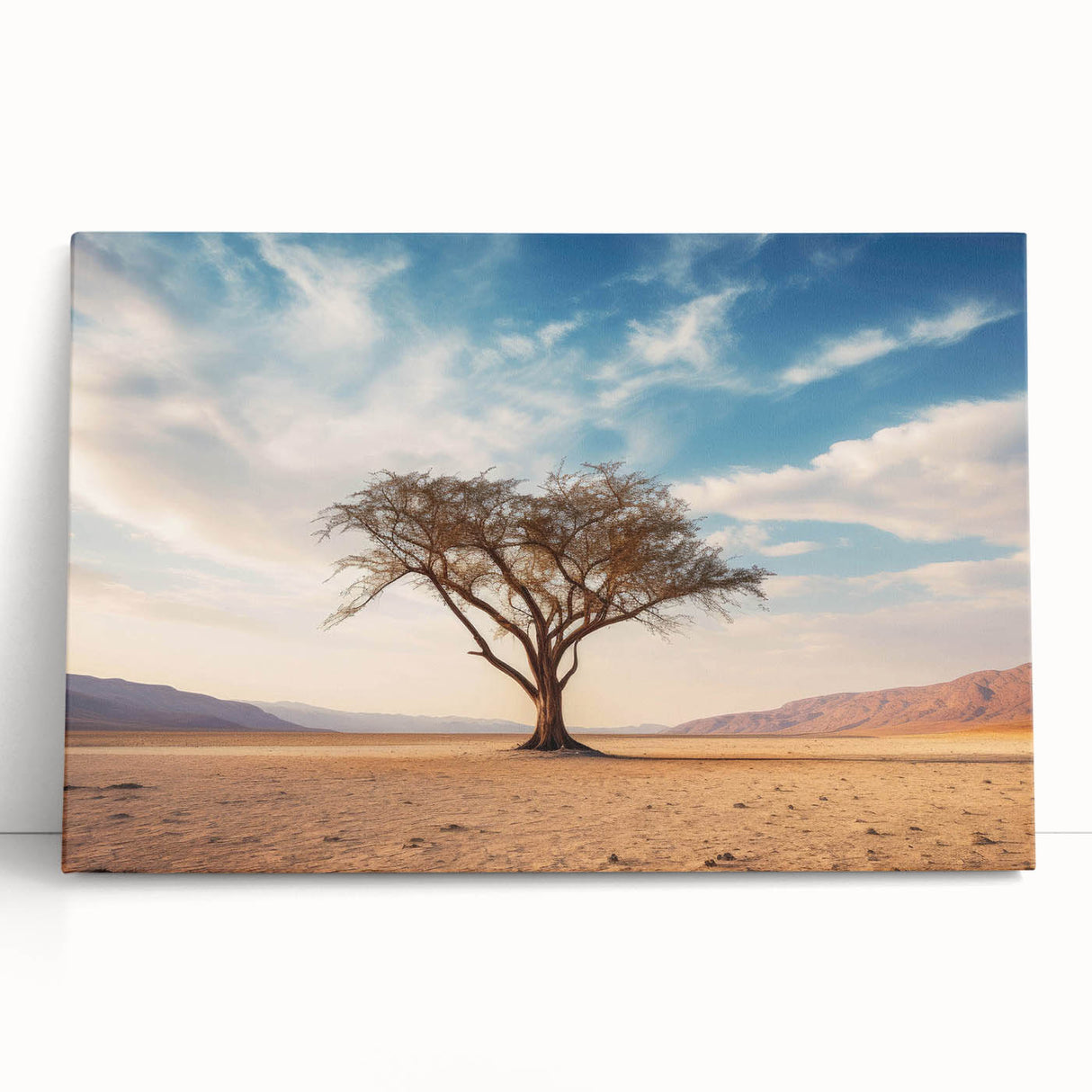 Stretched canvas wall art showcasing a vibrant landscape with lush green trees and a serene blue sky, perfect for home decor and adding a touch of nature-inspired elegance to any room.
