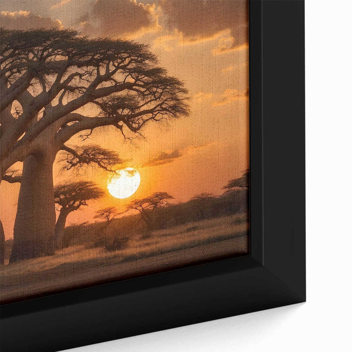 Close-up of a framed canvas wall art featuring a vibrant landscape with lush green trees and a serene atmosphere, ideal for home decor and nature enthusiasts.