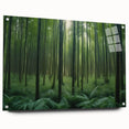 Acrylic glass wall art featuring a vibrant landscape design with trees, displayed in a side view that highlights its modern aesthetic and sleek finish, ideal for home decor.