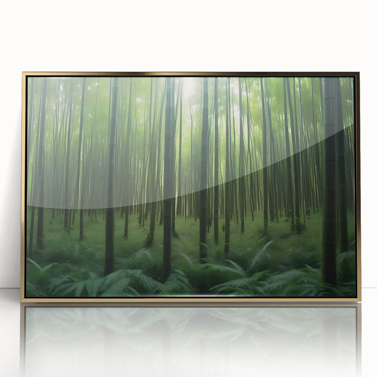 Framed acrylic wall art showcasing a vibrant landscape design with lush trees and golden accents, ideal for enhancing modern home decor. The artwork captures a serene natural scene, perfect for living spaces or offices.