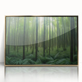 Framed acrylic wall art showcasing a vibrant landscape design with lush trees and golden accents, ideal for enhancing modern home decor. The artwork captures a serene natural scene, perfect for living spaces or offices.
