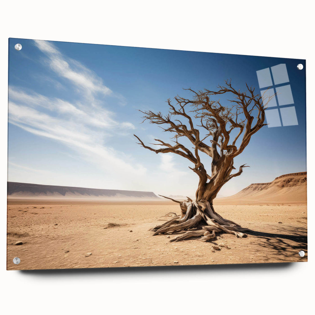 Acrylic glass wall art collection showcasing a vibrant landscape design with various tree silhouettes, elegantly displayed with pins for a contemporary touch.