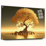 Acrylic glass wall art showcasing a vibrant landscape with trees, displayed from a side view. The piece is affixed with decorative pins, ideal for modern home decor.