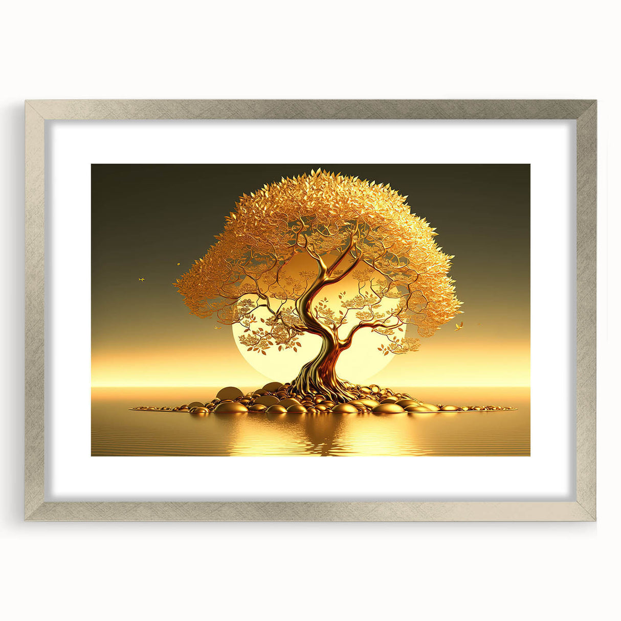 Framed wall art collection showcasing a serene landscape with trees, featuring a silver mat and frame, ideal for enhancing home decor with nature-inspired elegance.
