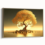 Framed canvas wall art collection showcasing a serene landscape with trees, featuring elegant gold accents. Perfect for enhancing modern home decor.