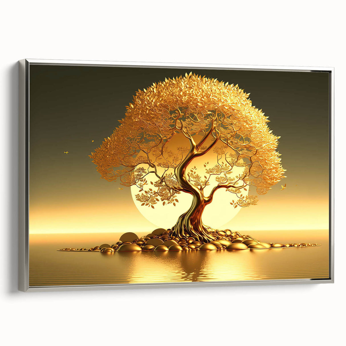 Framed canvas wall art featuring a serene landscape with lush green trees and a silver frame, showcasing a modern aesthetic ideal for home decor.