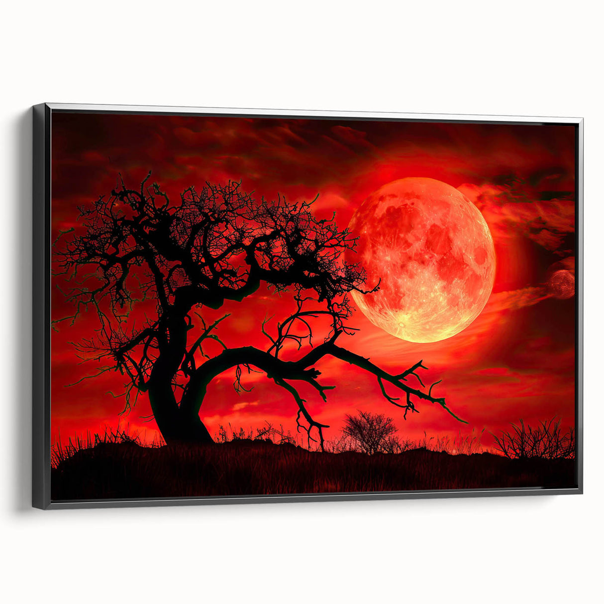 Framed canvas wall art showcasing a serene landscape with diverse trees, featuring a sleek black frame, ideal for home decor and nature enthusiasts.