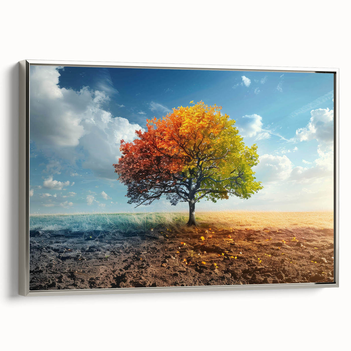 Framed canvas wall art showcasing a serene landscape with trees, featuring a silver frame, ideal for enhancing modern home decor. Perfect for nature lovers.
