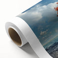 Rolled canvas artwork showcasing a vibrant landscape design with lush green trees and a serene blue sky, perfect for home decor and nature lovers.
