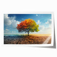 Rolled print of a serene landscape featuring tall, green trees and a vibrant blue sky, perfect for home decor and nature enthusiasts, showcasing tranquility and beauty.