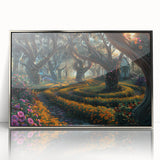 Framed wall art featuring a stunning landscape design with trees, displayed in an elegant silver frame, ideal for enhancing home decor aesthetics.
