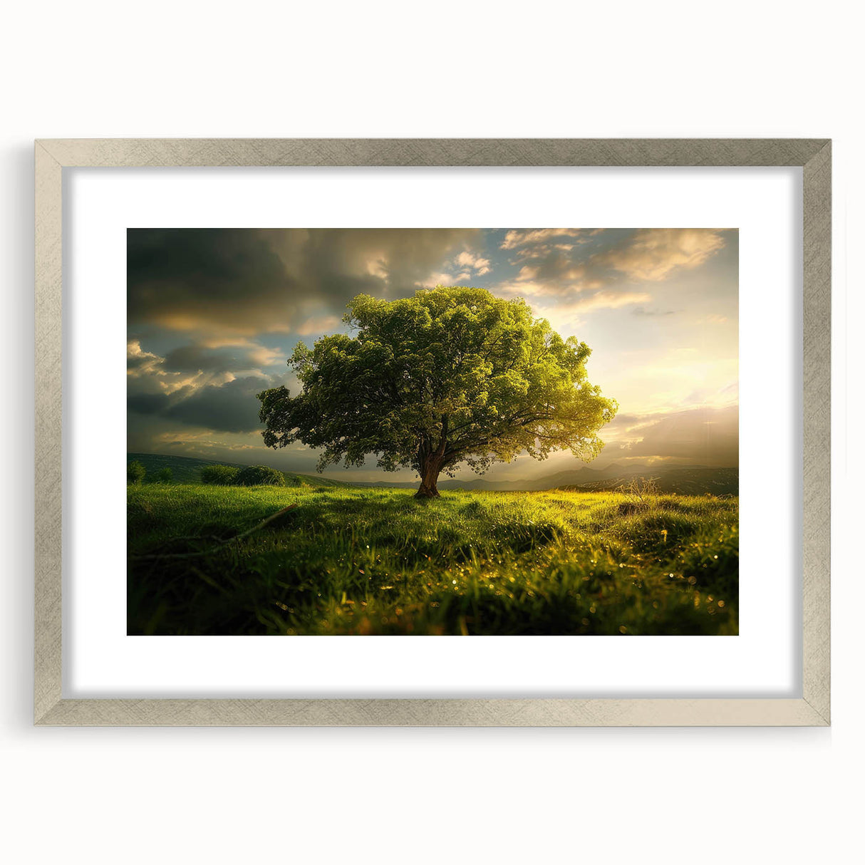 Framed wall art featuring a serene landscape of trees, displayed in a silver frame with a mat, showcasing a peaceful and natural aesthetic, ideal for home decor.