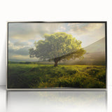 Framed acrylic wall art featuring a serene landscape with stylized trees, set in a sleek silver frame, perfect for modern home decor.