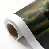 Rolled canvas art showcasing a serene landscape with lush green trees and a vibrant blue sky, designed for home decor, showcasing nature's tranquility.