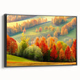 Framed canvas wall art showcasing a serene landscape with trees, featuring a black border, presented from a side view, perfect for home decor.