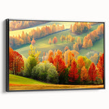 Framed canvas wall art showcasing a serene landscape with trees, featuring a black border, presented from a side view, perfect for home decor.