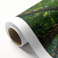 Rolled canvas art print showcasing a vibrant landscape design with lush green trees and a serene atmosphere, ideal for enhancing home decor. Packaged securely for safe delivery.
